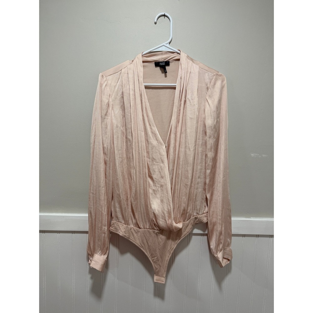 Paige Long Sleeve Faux Wrap Bodysuit Blush Pink Shiny Coquette Women Size Small